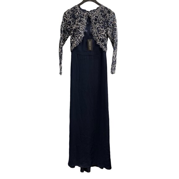 Tadashi Shoji Dress Womens 10 Blue Embroidered Floral Jacket Gown Event Gala - Picture 1 of 12